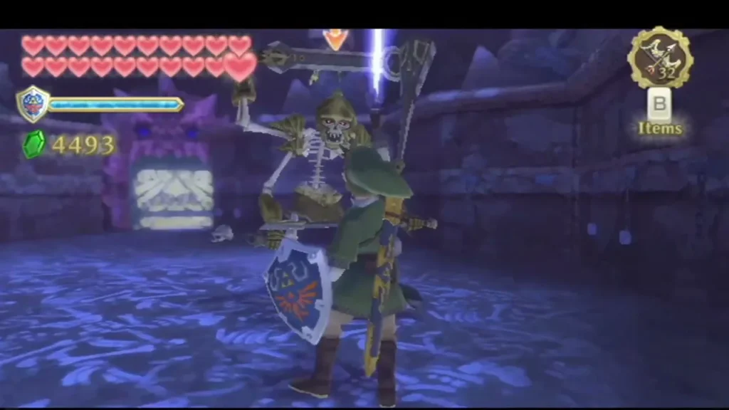 A skeletal enemy with swords and spears faces Link in the blue stone arena while Link holds his sword raised.