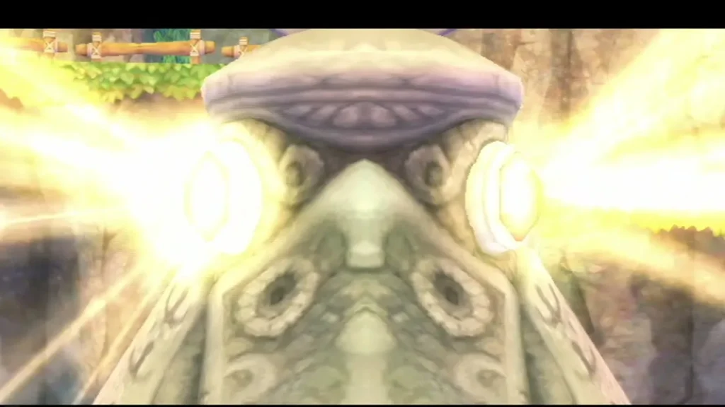 The bird statue's eyes blaze with light as it activates.