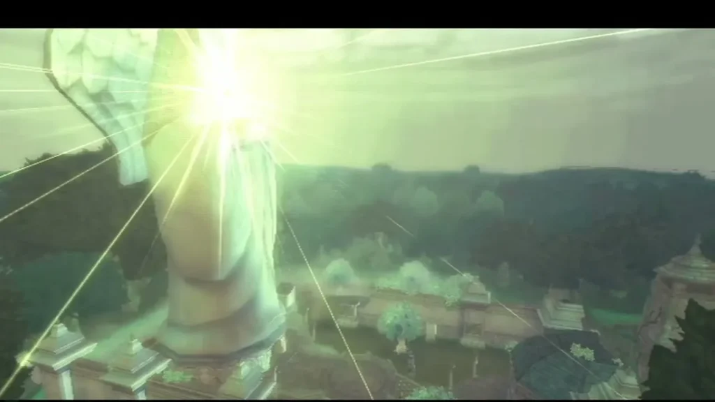 Light bursts from the Goddess statue above a village of stone buildings and trees.