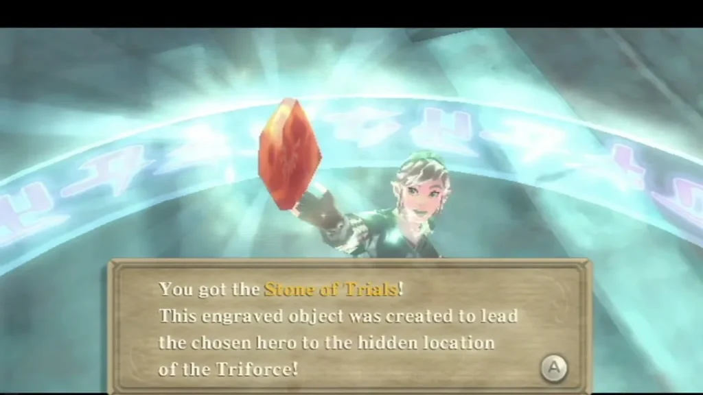 Link holds up the red Stone of Trials, its full message in the box below.