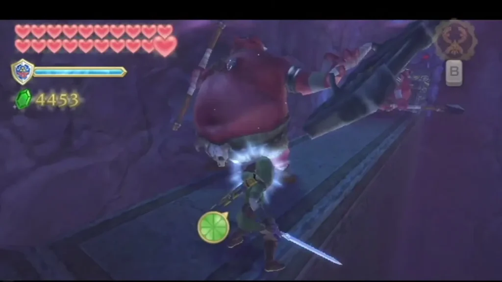 Link's sword strikes a red Moblin on the narrow walkway, sparks flying from the hit