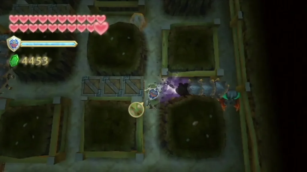 Link hits a Moldorm in the maze with a purple burst of sparks.