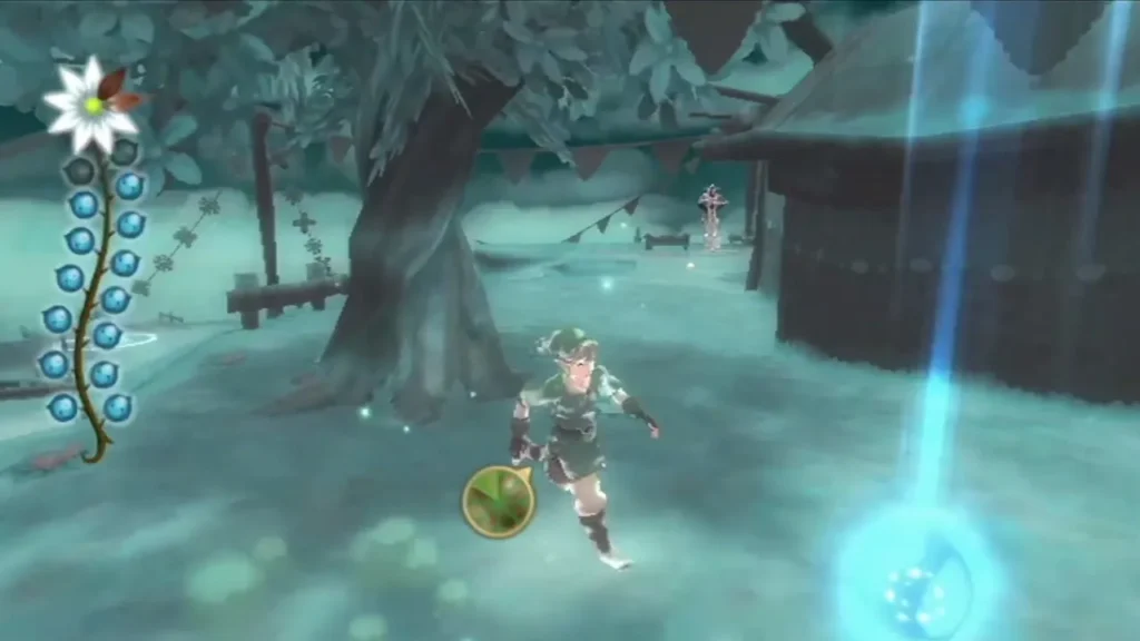 Link runs past a large tree and a wooden house in the Silent Realm, with a blue light column rising beside the house.