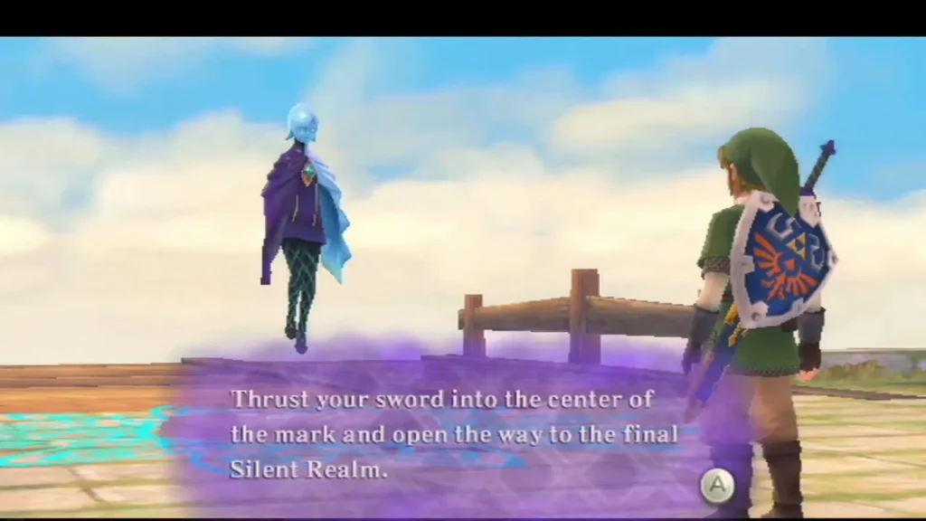 A spirit's message box asks Link to thrust his sword into the center of the glowing mark.