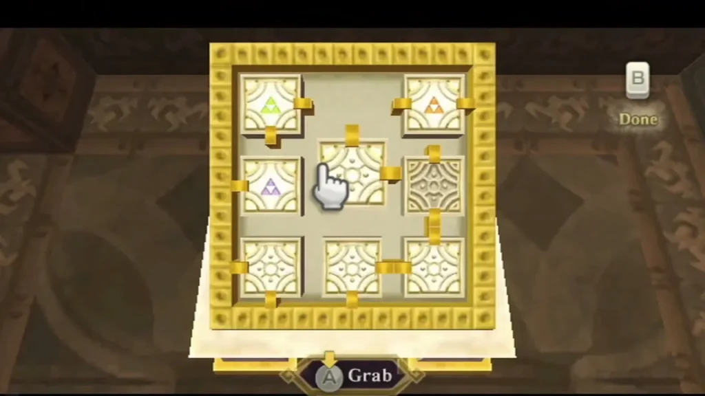 Gold stone terminal with tiles and one gap; Link's hand cursor points at a tile while the Grab prompt is shown.
