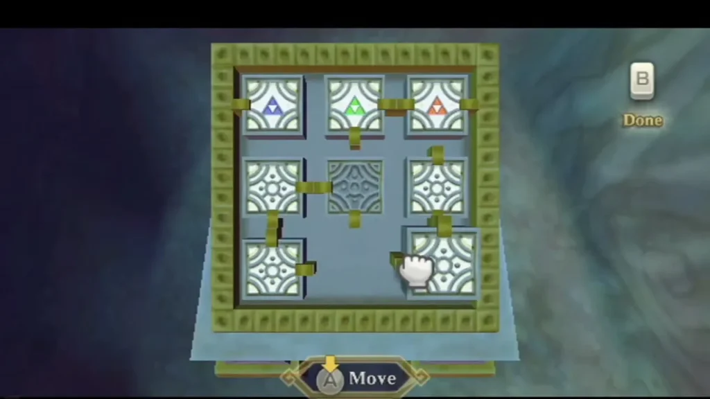 Stone terminal with a 3x3 tile grid and one gap; the Move prompt shows, and the tiles carry blue, green and red triangles.