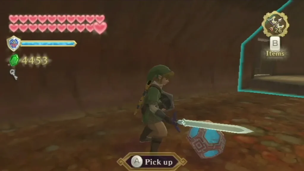 Link picks up a Timeshift Orb from the rocky ground with his sword drawn.