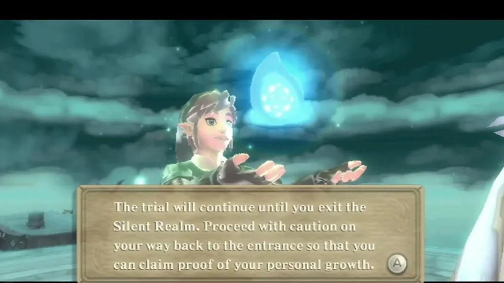 Message box says the trial continues until you exit the Silent Realm, with a blue spirit glowing above Link.