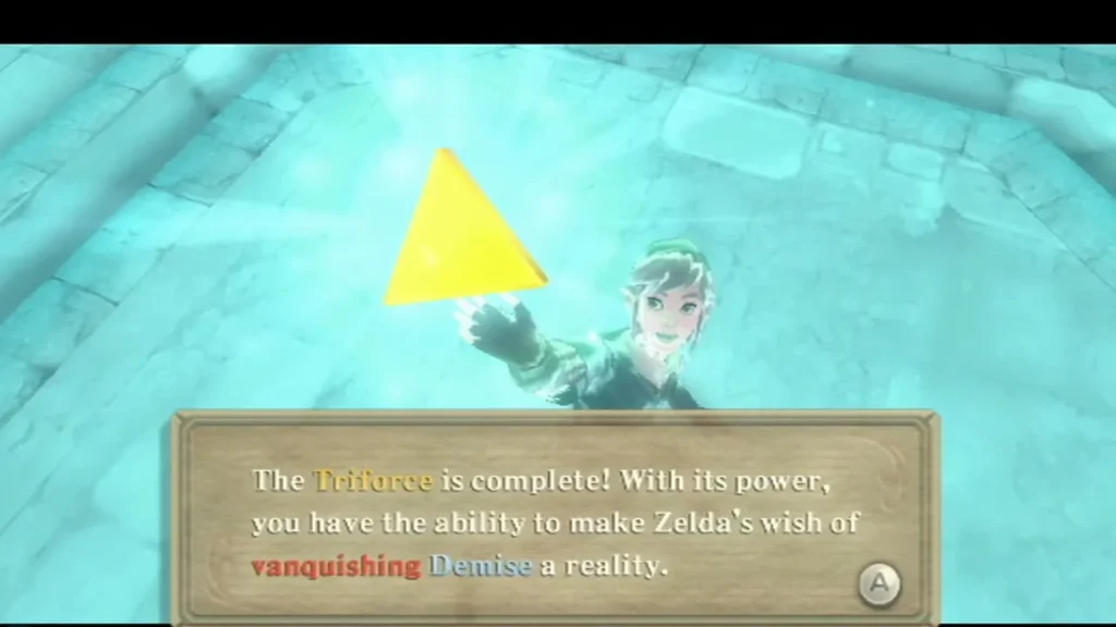 The Triforce is complete in Link's hand, and the box says it can make Zelda's wish a reality.