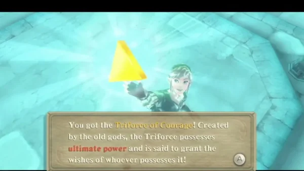 Link holds up the Triforce of Courage, and its full message box says it grants the wishes of whoever possesses it.