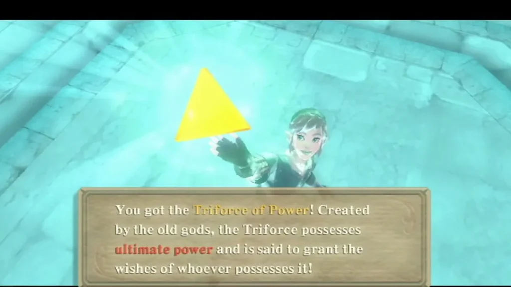 Link holds up the golden Triforce of Power, with the message box describing its ultimate power on screen.