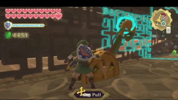 Link pulls a gold lever with the Whip in a stone room with cyan-outlined puzzle walls.