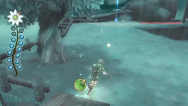 Link runs past a tree beside a wooden bridge plank in the Silent Realm, with red water beyond.