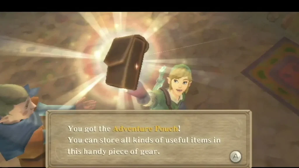 Link receives the Adventure Pouch in a burst of light, its message box fully shown Link receives the Adventure Pouch in a burst of light, its message box fully shown