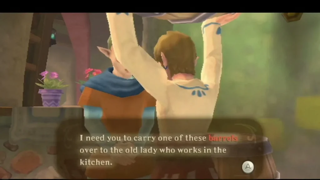 A box asks Link to carry one of the barrels over to the old lady who works in the kitchen. A box asks Link to carry one of the barrels over to the old lady who works in the kitchen.