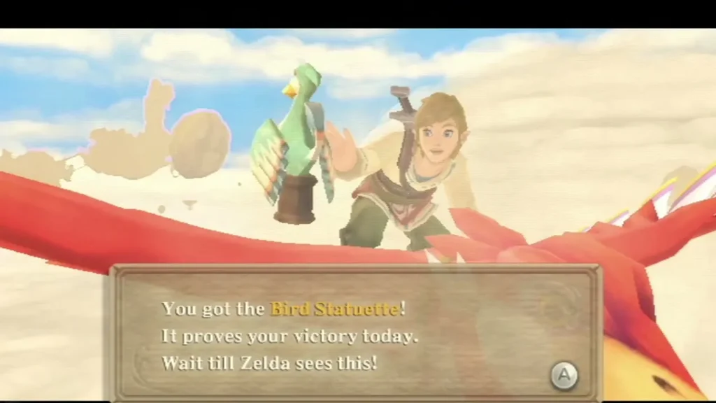 Link holds up the Bird Statuette as the box reads: It proves your victory today Link holds up the Bird Statuette as the box reads: It proves your victory today