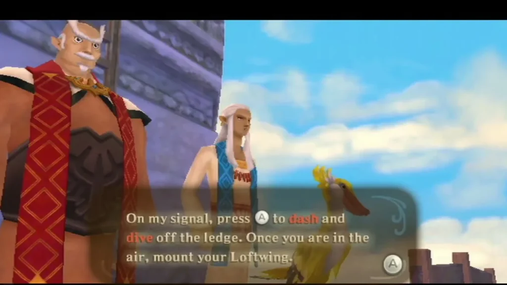 The ceremony official gives the signal rules: press A to dash and dive off the ledge, then mount your Loftwing The ceremony official gives the signal rules: press A to dash and dive off the ledge, then mount your Loftwing
