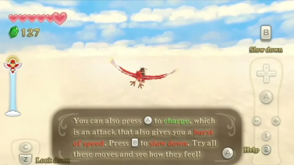 A tutorial box explains pressing A to charge for speed and B to slow down while flying A tutorial box explains pressing A to charge for speed and B to slow down while flying