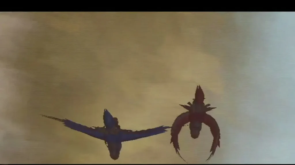 Two bird silhouettes are caught in a brown storm sky during the tornado attack. Two bird silhouettes are caught in a brown storm sky during the tornado attack.