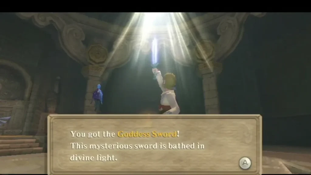 Link raises the Goddess Sword in a beam of light as the box says it is bathed in divine light. Link raises the Goddess Sword in a beam of light as the box says it is bathed in divine light.
