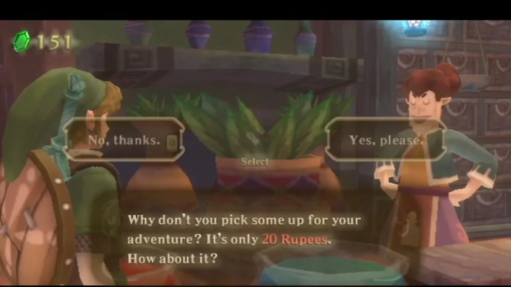The potion shopkeeper offers a Heart Potion for 20 Rupees, with Yes, please and No, thanks choices The potion shopkeeper offers a Heart Potion for 20 Rupees, with Yes, please and No, thanks choices