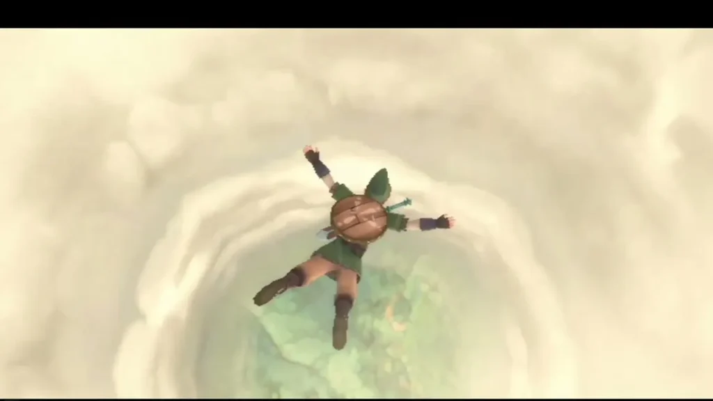 Link tumbles through the ring-shaped opening in the clouds above the green light of the surface. Link tumbles through the ring-shaped opening in the clouds above the green light of the surface.