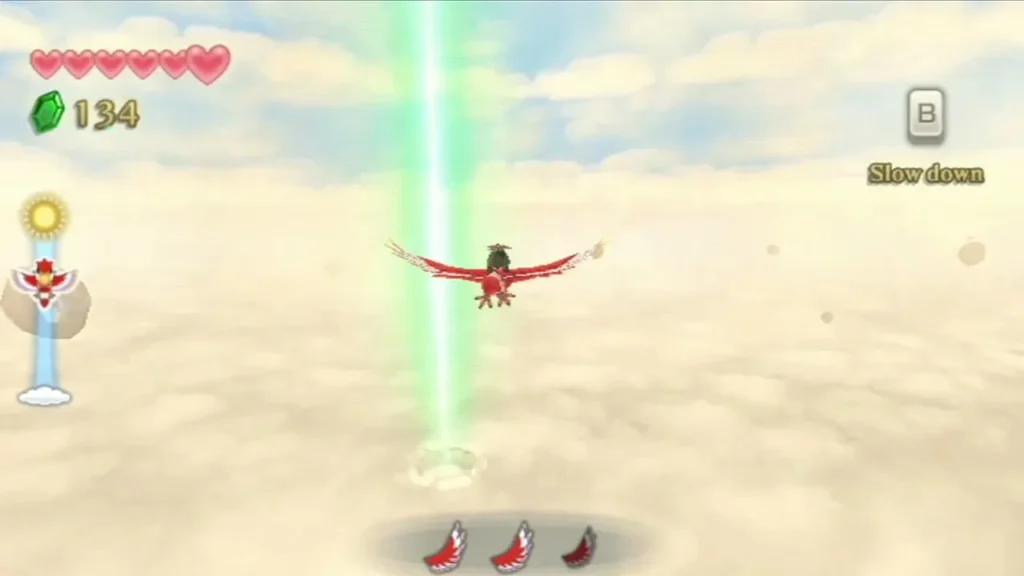 Link rides his red Loftwing toward the green column of light rising through the clouds. Link rides his red Loftwing toward the green column of light rising through the clouds.