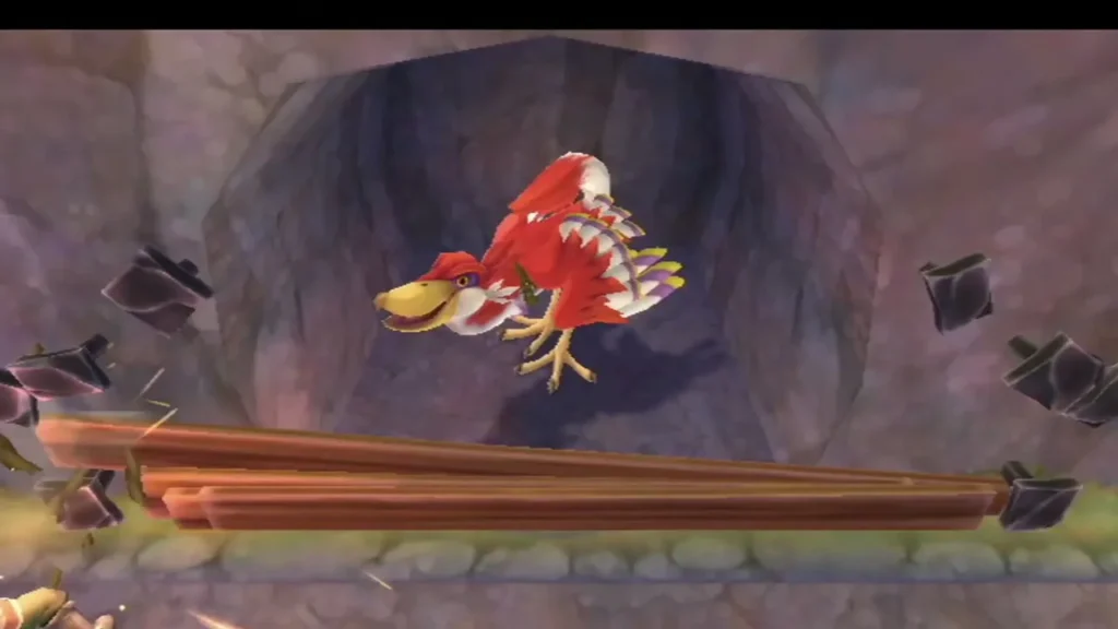 The freed Loftwing rises over the broken logs and flying debris at the cliff hollow The freed Loftwing rises over the broken logs and flying debris at the cliff hollow