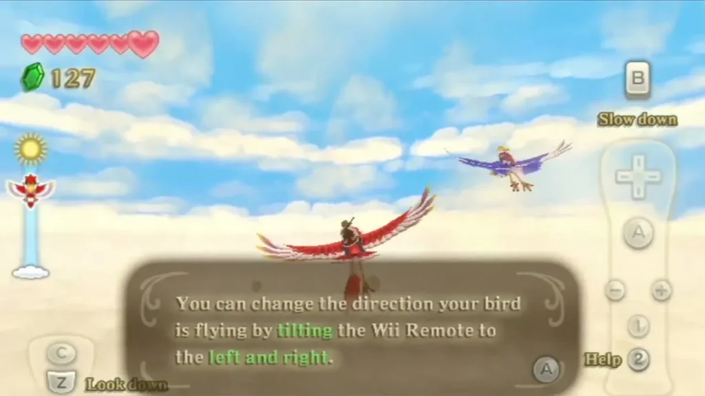 Link rides his red Loftwing over the clouds as a box explains tilting the Wii Remote to steer. Link rides his red Loftwing over the clouds as a box explains tilting the Wii Remote to steer.