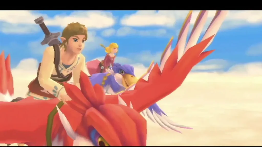 Link and Zelda ride their Loftwings side by side over the clouds Link and Zelda ride their Loftwings side by side over the clouds