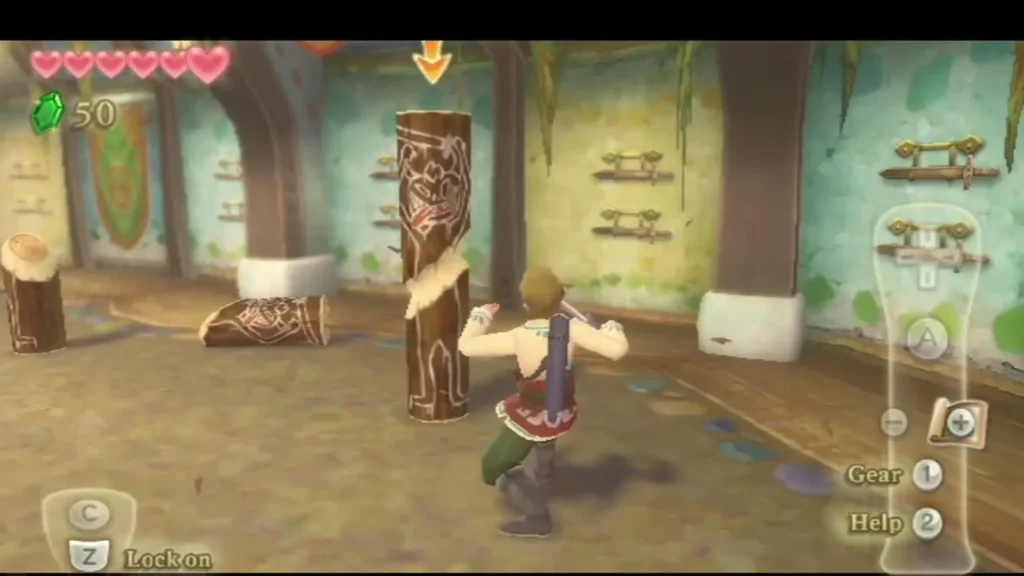 Link slashes a wooden training log in the Knight Academy sparring hall. Link slashes a wooden training log in the Knight Academy sparring hall.