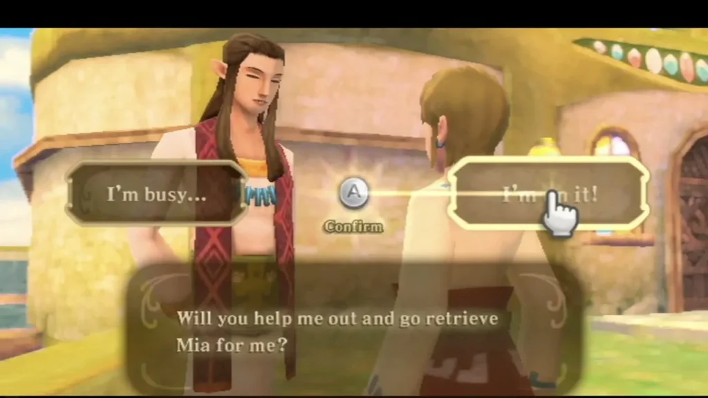 A villager asks Link to go retrieve Mia, with the choices I'm busy and I'm on it! A villager asks Link to go retrieve Mia, with the choices I'm busy and I'm on it!
