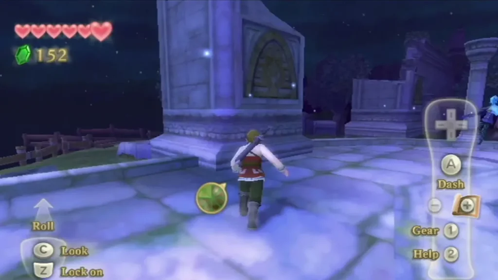 Link runs across a moonlit stone plaza in Skyloft at night Link runs across a moonlit stone plaza in Skyloft at night
