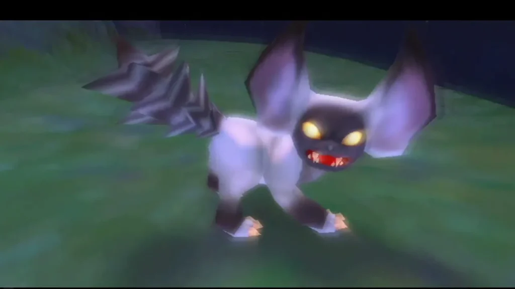 A bat-like night creature with glowing yellow eyes prowls the grass in Skyloft at night A bat-like night creature with glowing yellow eyes prowls the grass in Skyloft at night