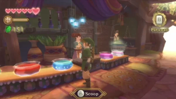 Link stands at the potion shop counter with a Scoop prompt over a glowing vat of potion Link stands at the potion shop counter with a Scoop prompt over a glowing vat of potion