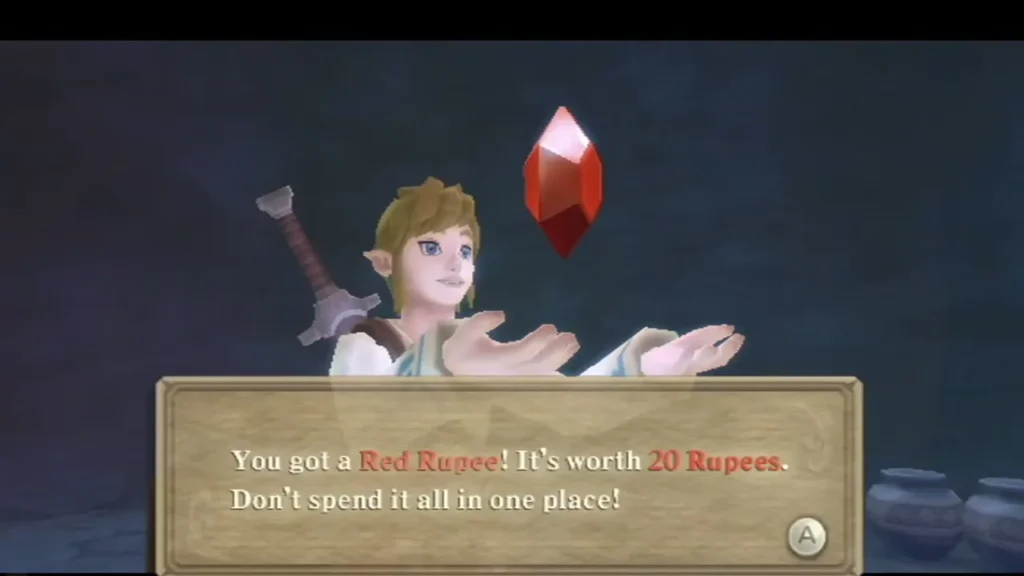 Link holds up a Red Rupee in the cave, its box reading that it is worth 20 Rupees. Link holds up a Red Rupee in the cave, its box reading that it is worth 20 Rupees.