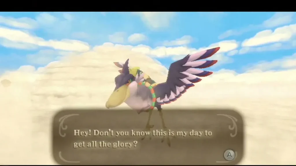 A rival rider's bird crosses Link's path in the race while the rival boasts that the glory is his A rival rider's bird crosses Link's path in the race while the rival boasts that the glory is his