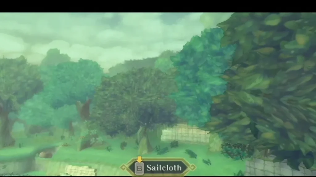 A forest view over the Sealed Grounds, with the B button prompt for the Sailcloth on screen. A forest view over the Sealed Grounds, with the B button prompt for the Sailcloth on screen.