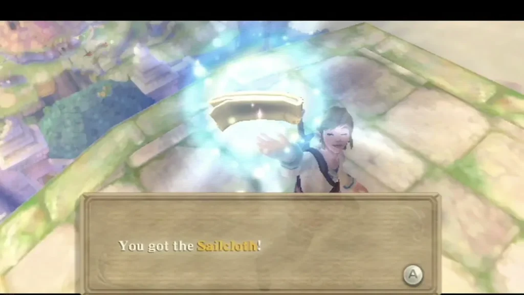 A glowing Sailcloth rises above a stone walkway, and the box reads You got the Sailcloth! A glowing Sailcloth rises above a stone walkway, and the box reads You got the Sailcloth!