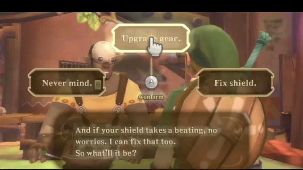 The Scrap Shop owner offers Upgrade gear, Fix shield or Never mind in a choice box after his greeting. The Scrap Shop owner offers Upgrade gear, Fix shield or Never mind in a choice box after his greeting.