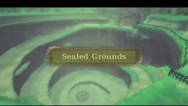 The Sealed Grounds title card appears over a green, sunken landscape after the descent to the surface. The Sealed Grounds title card appears over a green, sunken landscape after the descent to the surface.