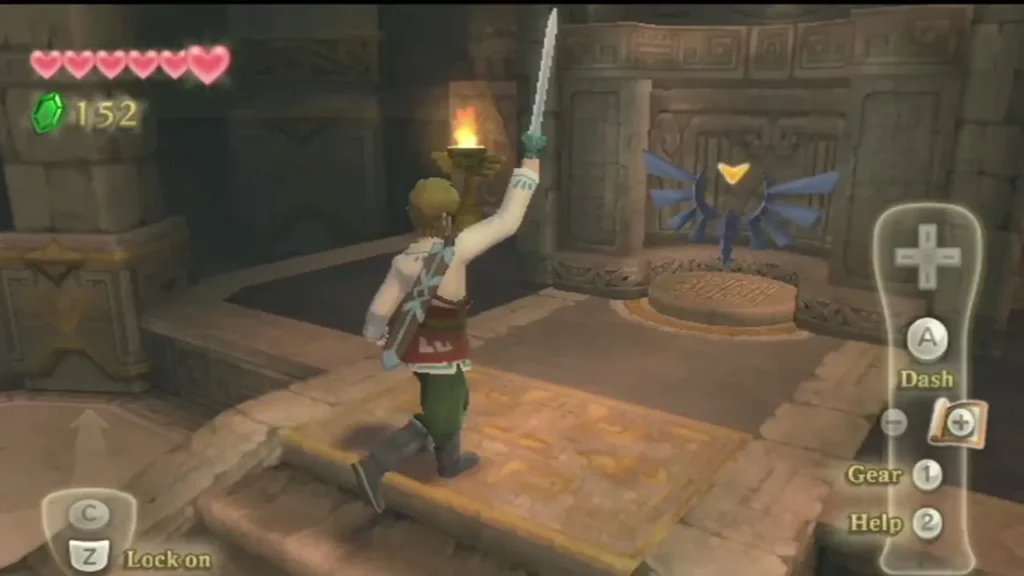 Link raises the Goddess Sword to strike the Hylian crest on the wall of the statue room Link raises the Goddess Sword to strike the Hylian crest on the wall of the statue room