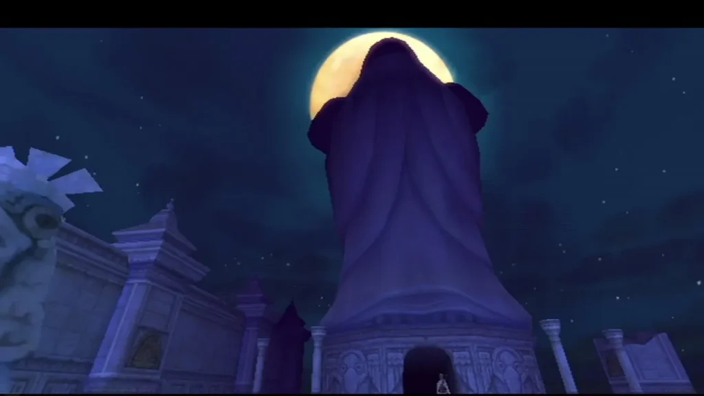 The Statue of the Goddess looms against a full moon, its dark doorway at the base The Statue of the Goddess looms against a full moon, its dark doorway at the base