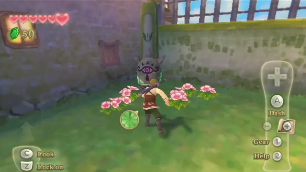 Link stands in the Skyloft garden beside a stone creature with a purple eye. Link stands in the Skyloft garden beside a stone creature with a purple eye.