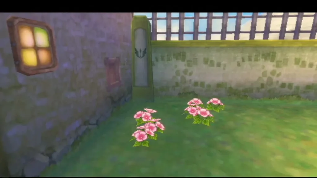A walled Skyloft garden with pink flowers, a window in the stone wall and a green gate. A walled Skyloft garden with pink flowers, a window in the stone wall and a green gate.