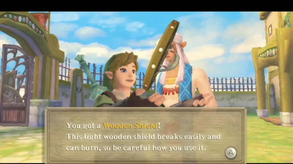 Link receives a Wooden Shield at the Knight Academy gate, its message box reading that it breaks easily Link receives a Wooden Shield at the Knight Academy gate, its message box reading that it breaks easily