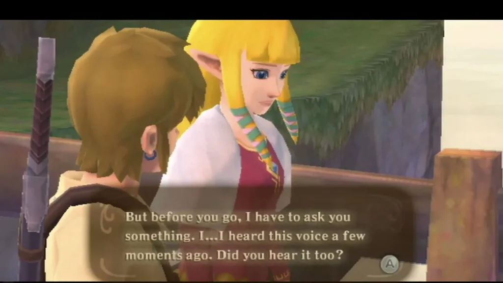 Zelda asks Link if he heard a voice a few moments ago, in a dialogue box on the cliff bridge Zelda asks Link if he heard a voice a few moments ago, in a dialogue box on the cliff bridge
