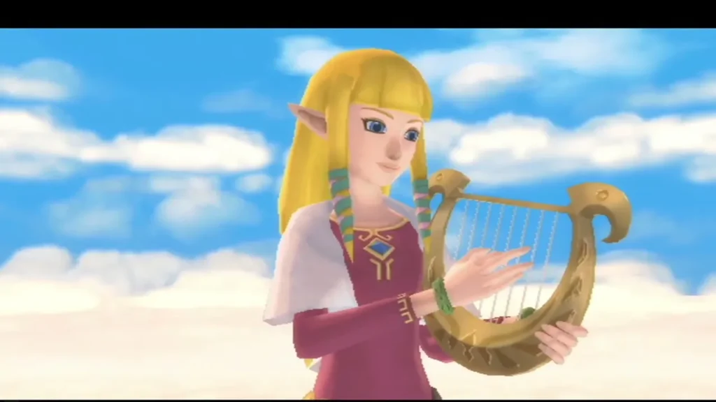 Zelda plays a golden harp against a blue sky full of clouds during the ceremony. Zelda plays a golden harp against a blue sky full of clouds during the ceremony.
