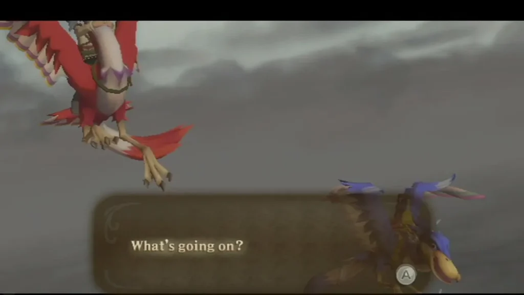 Zelda's Loftwing tumbles in a grey storm beside Link's, with the box asking what is going on Zelda's Loftwing tumbles in a grey storm beside Link's, with the box asking what is going on