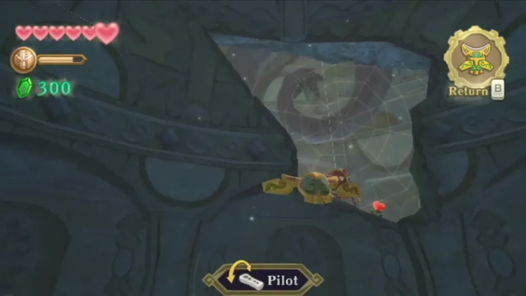 The Beetle flies toward a spider web stretched across a stone opening in the temple ruins. The Beetle flies toward a spider web stretched across a stone opening in the temple ruins.